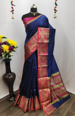 Navy Blue Color Cotton Silk Weaving Work Saree