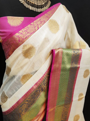White color pure Linen Silk Jacquard weaving Work Saree