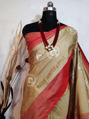 Red color Jute silk embroidered cut work Saree