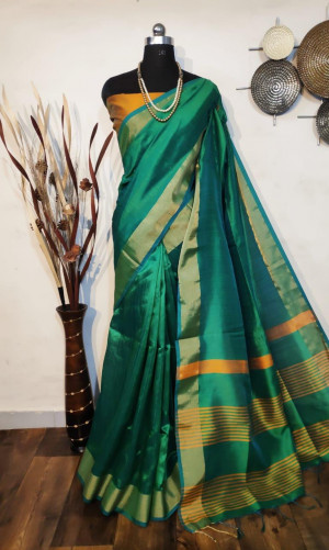 Rama green color soft raw silk Zari Woven border Work Saree