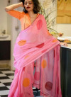 Pink color malmal linen cotton saree with digital printed work