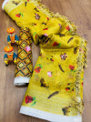 Yellow color linen saree with printed work