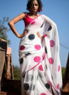 White color malmal linen cotton saree with digital printed work
