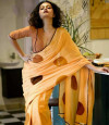 Yellow color malmal linen cotton saree with digital printed work