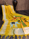 Mustard yellow color soft raw silk saree with woven work