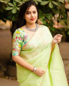 Pista green color dola silk saree with mirror work & aari brorder