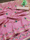 Pink color assam silk saree with embroidery work