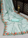 Sea green color malai silk saree with embroidery work