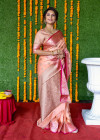 Peach color soft linen silk saree with weaving work