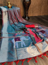 Firoji color soft raw silk saree with woven work