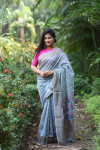 Gray color pure linen saree with zari woven border and pallu