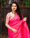 Pink color dola silk saree with mirror work & aari brorder