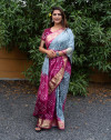 Gray and Magenta color bandhej silk saree with zari weaving work