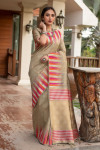 Cream color pure tussar silk saree with ikkat woven border