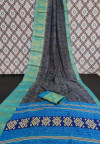 Navy blue and rama green color soft cotton saree with printed work