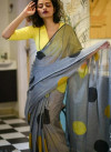 Gray color malmal linen cotton saree with digital printed work