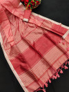 Pink color metallic linen silk saree with zari work