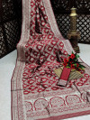 Maroon color banarasi silk saree with silver zari weaving work