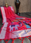 Pink color soft raw silk saree with woven work
