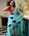 Sea green color malmal linen cotton saree with digital printed work