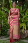 Pink color pure tussar silk saree with ikkat woven border