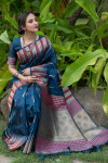 Navy blue color pure tussar silk saree with ikat woven border