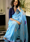 Firoji color malmal linen cotton saree with digital printed work