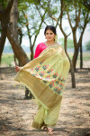 Pista green color pure linen saree with zari woven border and pallu