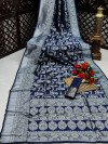 Navy blue color banarasi silk saree with silver zari weaving work
