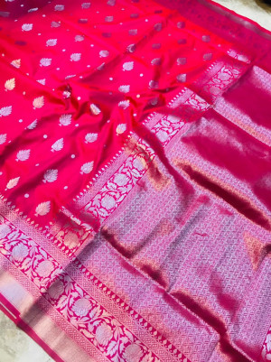 Pink color soft kanchipuram silk saree with silver zari weaving work