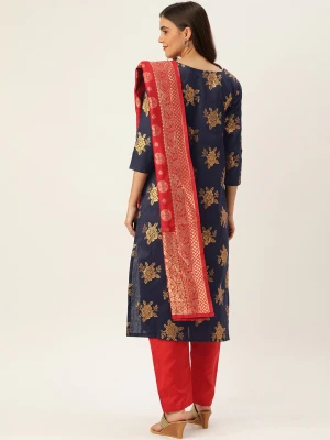 Navy blue & red color zari woven silk blend dress material