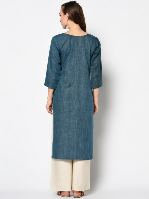 Teal color cotton kurti with hand work