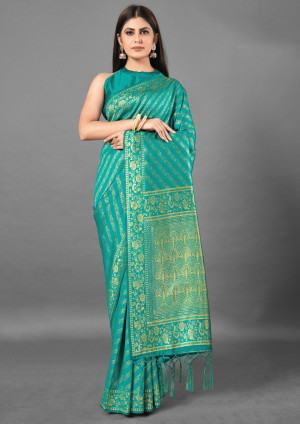 Rama green color cotton silk saree with weaving work