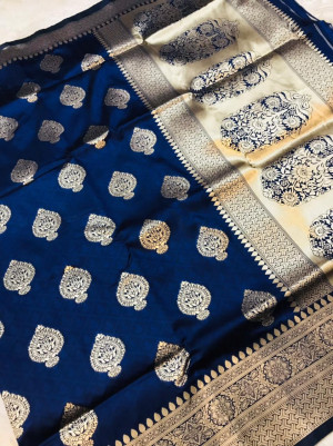 Navy blue color kanchipuram silk handloom saree with zari woven work