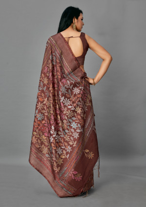 Coffee color manipuri silk saree with printed and weaving work