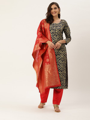 Navy blue and red color zari weaving dress material