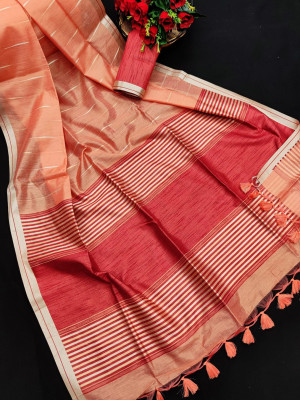 Peach color metallic linen silk saree with zari work
