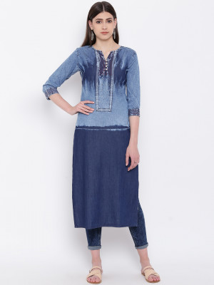 Blue color denim kurti with embroidery patch