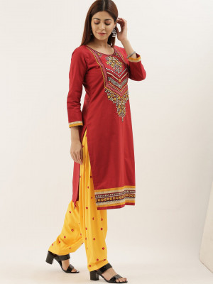 Maroon & yellow color cotton dress material