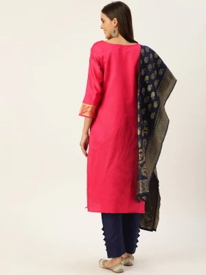 Pink & navy blue color silk blend dress material