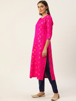Pink and navy blue color zari woven silk blend dress material