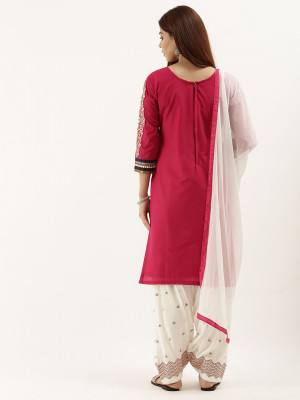 Pink & white color embroidery work cotton dress material