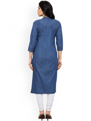 Blue color cotton denim kurti with ribbed in patch work