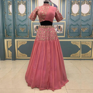 Pink color georgette lehenga with zari embroidery work