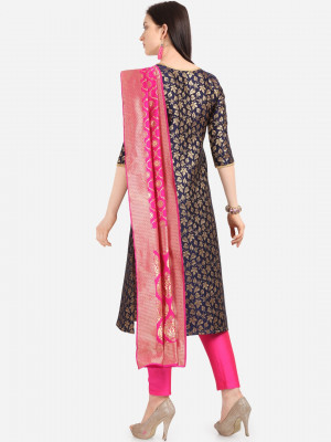 Navy blue and pink color jacquard weaving dress material
