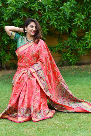 Red color patola silk saree with weaving work