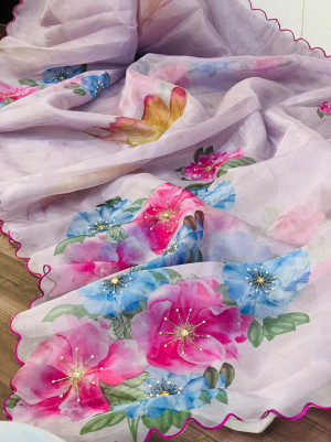 Baby pink color organza saree with digital print & handwork