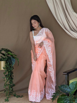 Peach color organza saree with threads & sequence work
