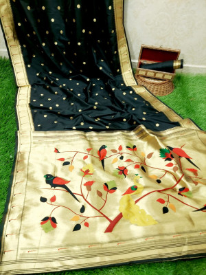 Black color banarasi soft silk paithani saree with zari border & exclusive zari pallu