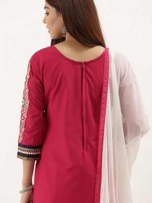 Pink & white color embroidery work cotton dress material